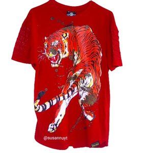 Switch Red Ribbed Rhinestone Short Sleeve Orange Circus Tiger Animalcore Top♥️